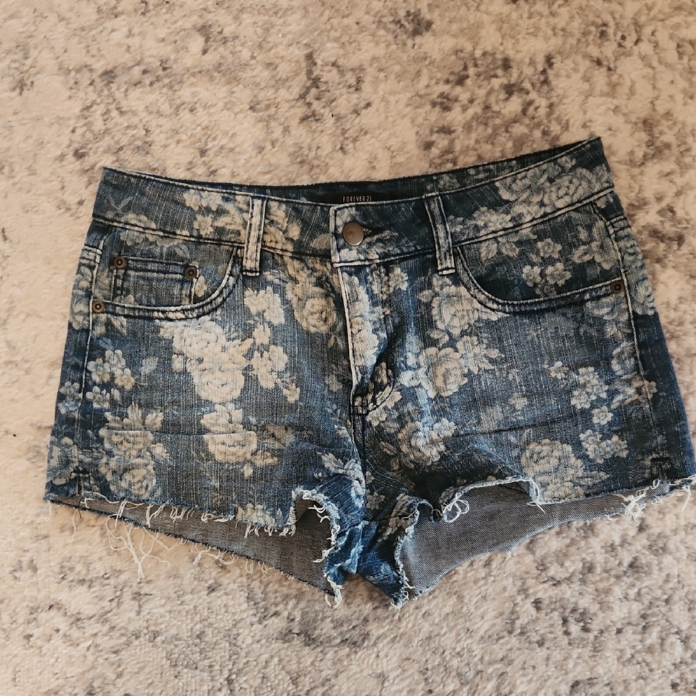 Forever 21 Blue Floral Denim Cutoff Shorts